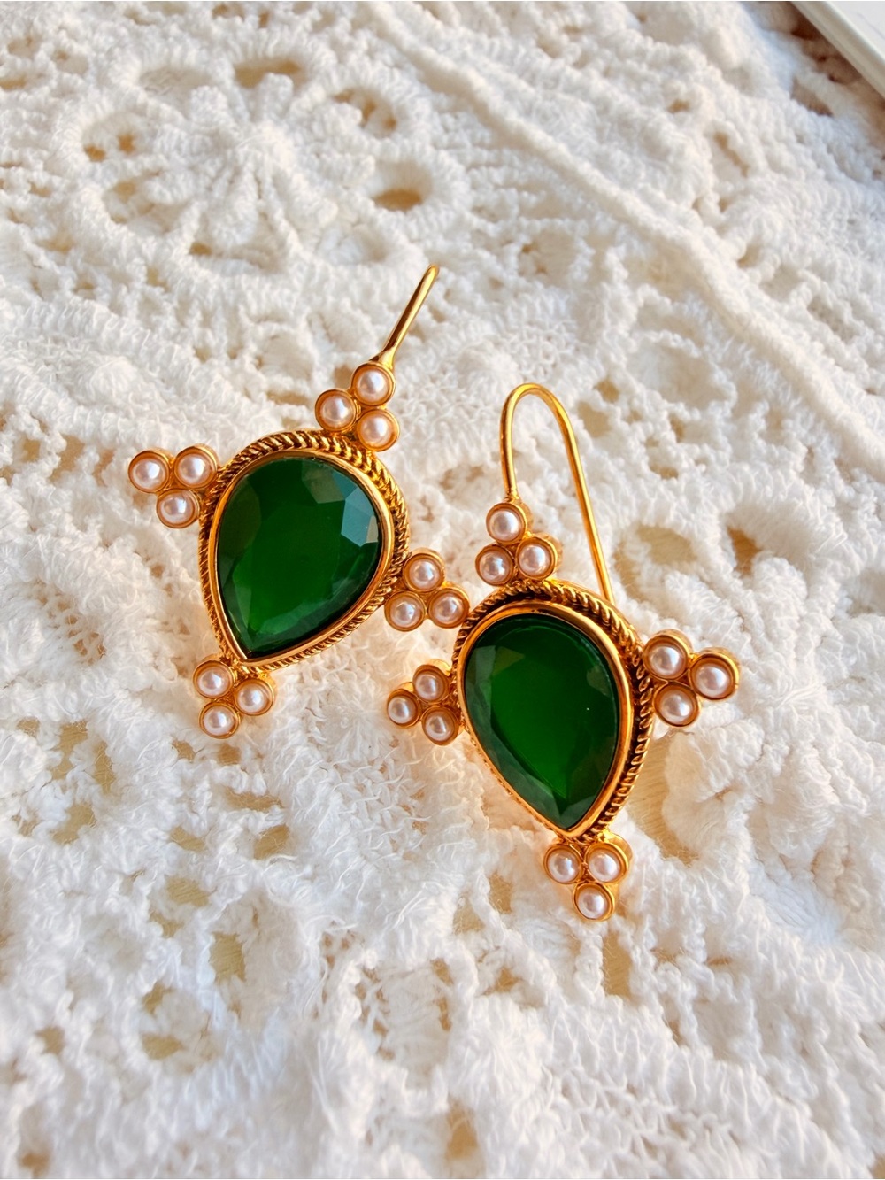 Green Teardrop Pearl Accent Gold Earrings